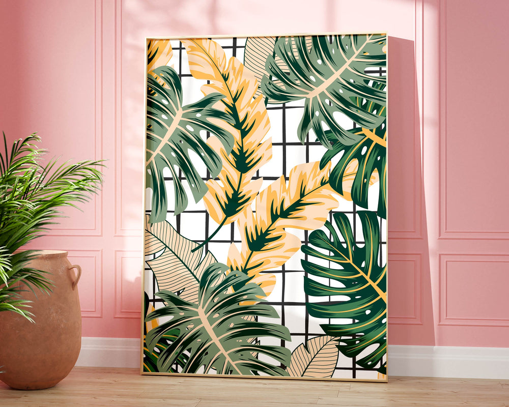 Abstract Tropical Leaves Wall Art, Pink Rainforest Botanical Print, Monstera Leaf House Plant Bathroom Decor, Above Bed Gallery Wall Art