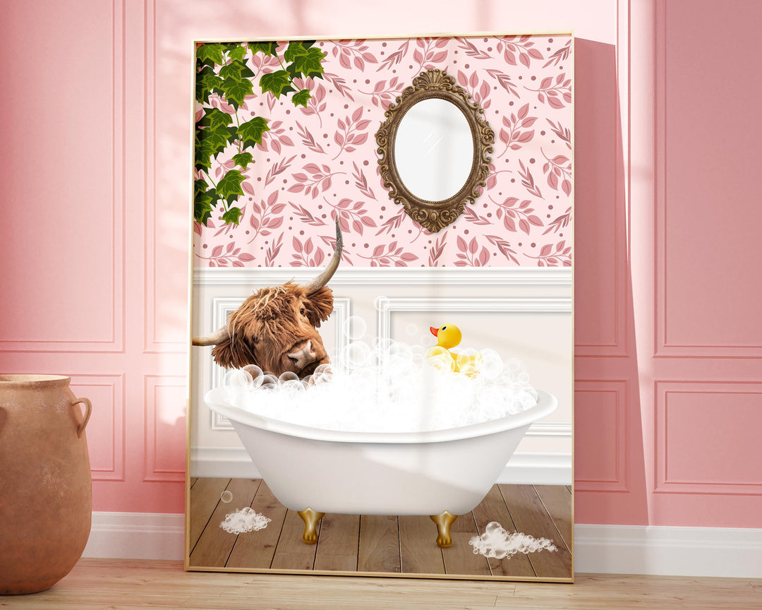 Scottish Highland Cow in Bathtub Print, Colourful Animal in Bath Art, Vintage Bathroom Decor, Funny Bathroom Print, Whimsical Animal Art