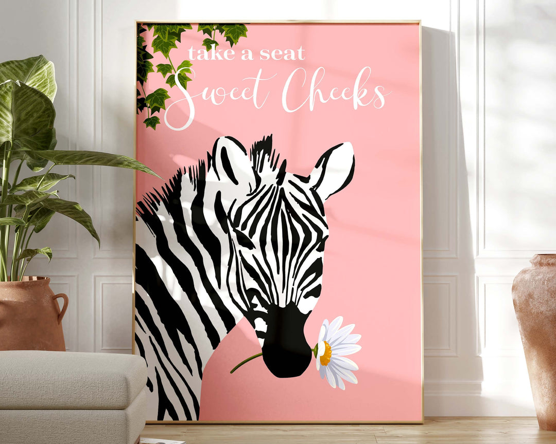 Take A Seat Sweet Cheeks Zebra Bathroom Print, Maximalist Colourful Botanical Bathroom Decor, Animal Toilet Eclectic Green Bathroom Wall Art