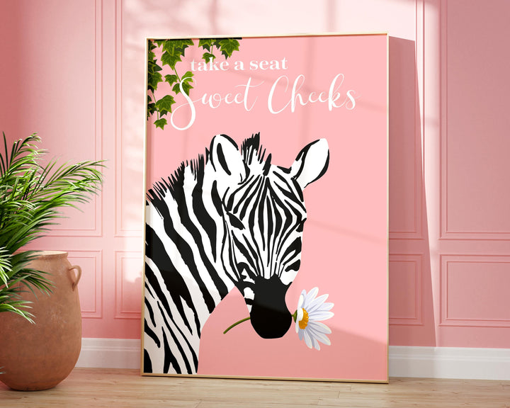 Take A Seat Sweet Cheeks Zebra Bathroom Print, Maximalist Colourful Botanical Bathroom Decor, Animal Toilet Eclectic Green Bathroom Wall Art