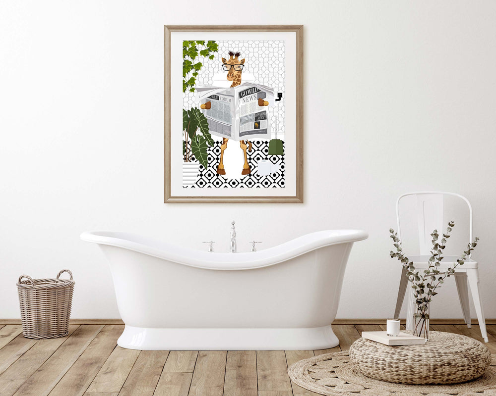 Giraffe Black And White Bathroom Wall Art, Funny Animal Bathroom Prints, Toilet Art, Bathroom Decor, Maximalist Wall Art, Bathroom Poster