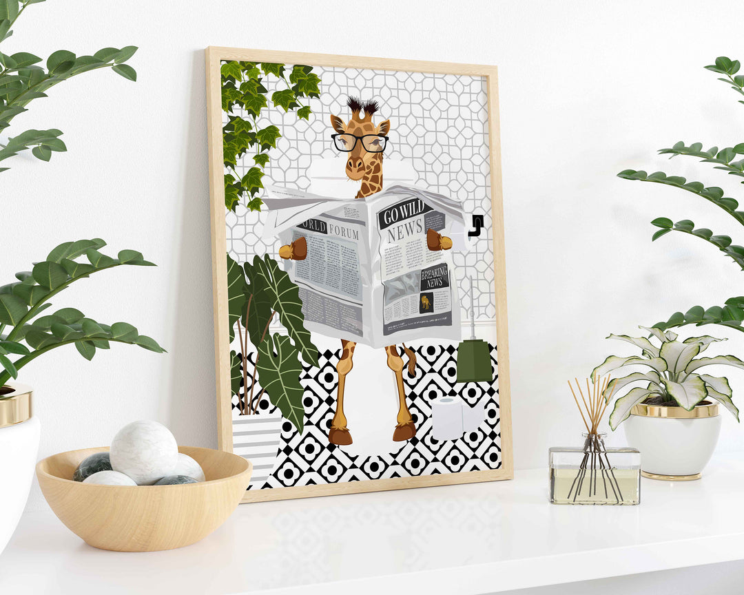 Giraffe Black And White Bathroom Wall Art, Funny Animal Bathroom Prints, Toilet Art, Bathroom Decor, Maximalist Wall Art, Bathroom Poster