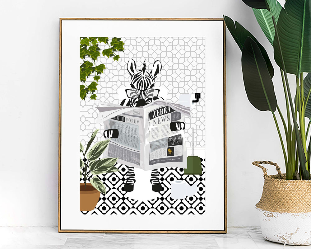 Zebra on Toilet Monochrome Bathroom Print, Animal on Toilet Cloakroom Wall Art, Botanical Black And White Bathroom Decor, Fun Nursery Print