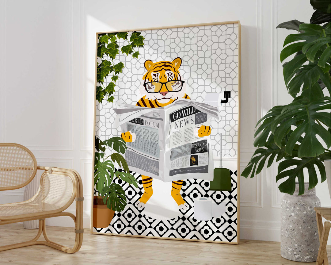 Tiger Black And White Bathroom Wall Art, Funny Animal Bathroom Prints, Toilet Art, Kids Bathroom Decor, Maximalist Wall Art, Bathroom Poster
