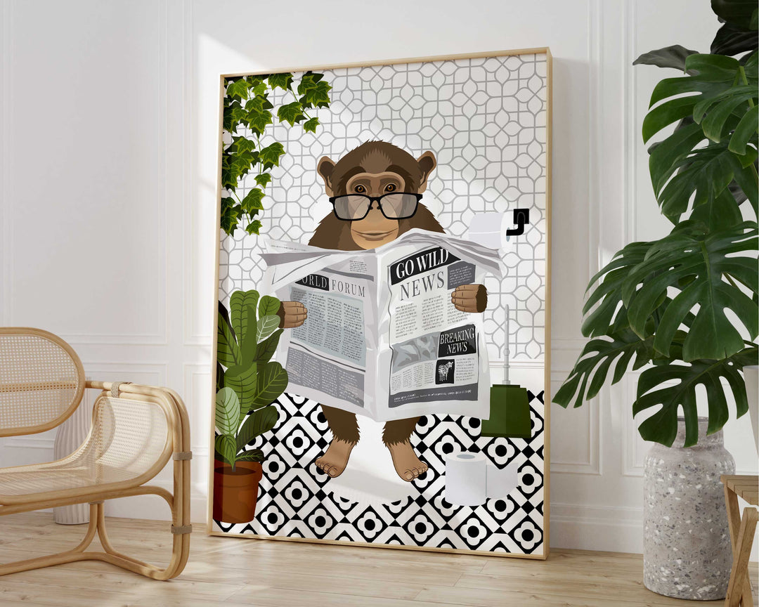 Monkey on Toilet Monochrome Bathroom Print, Animal on Toilet Cloakroom Wall Art, Botanical Black And White Bathroom Decor, Fun Nursery Print