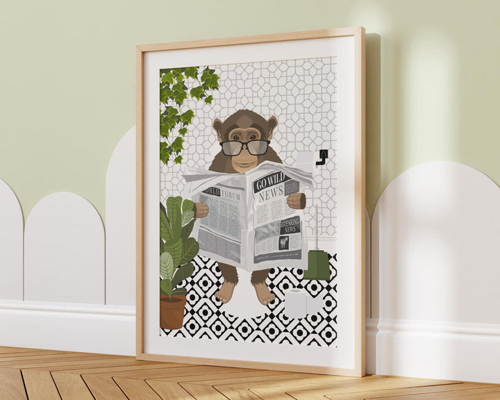 Monkey on Toilet Monochrome Bathroom Print, Animal on Toilet Cloakroom Wall Art, Botanical Black And White Bathroom Decor, Fun Nursery Print