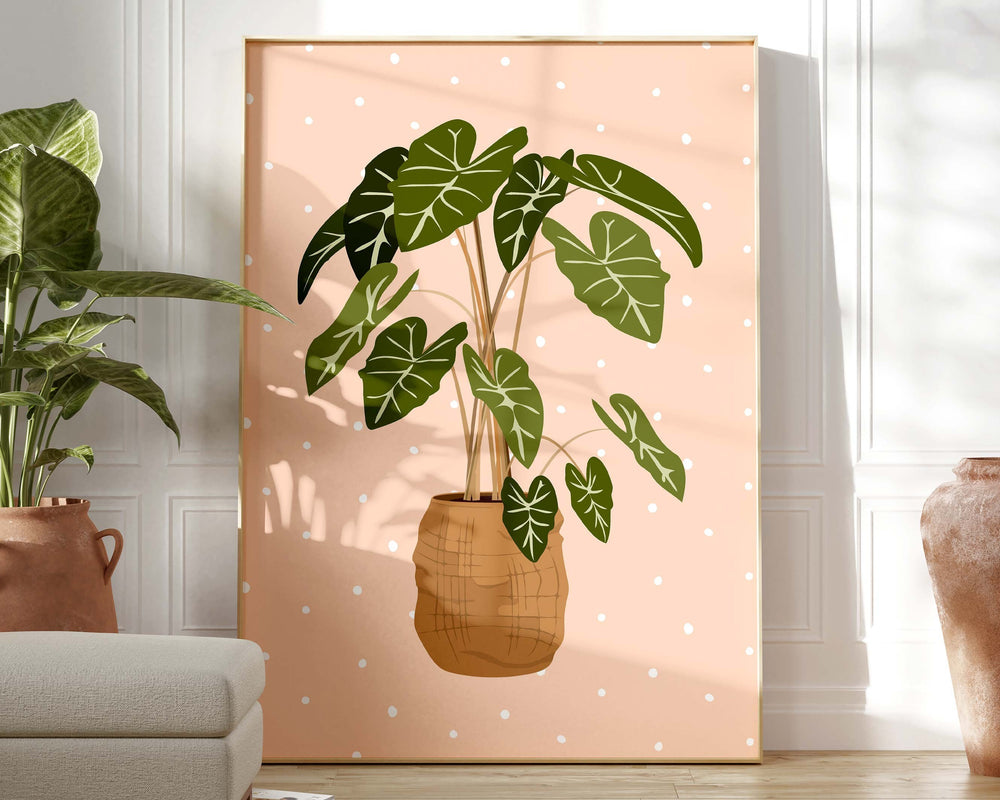 Alocasia Botanical Houseplant Print, Blush Polka Dot Modern Plant Wall Art, Trendy Boho Living Room Bedroom Home Decor, Housewarming Gift