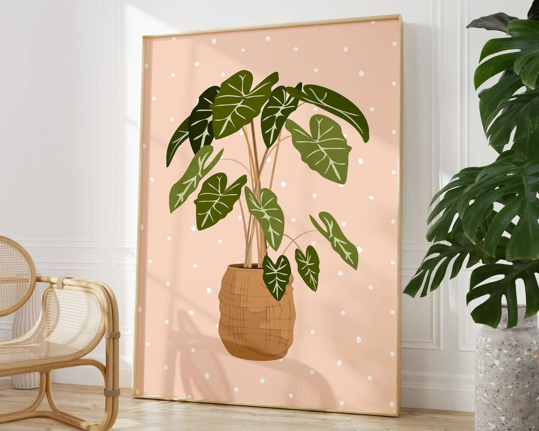 Alocasia Botanical Houseplant Print, Blush Polka Dot Modern Plant Wall Art, Trendy Boho Living Room Bedroom Home Decor, Housewarming Gift