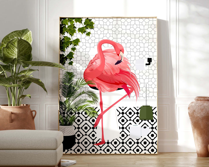 Flamingo Black And White Bathroom Wall Art, Funny Animal Bathroom Prints, Toilet Art, Bathroom Decor, Maximalist Wall Art, Bathroom Poster