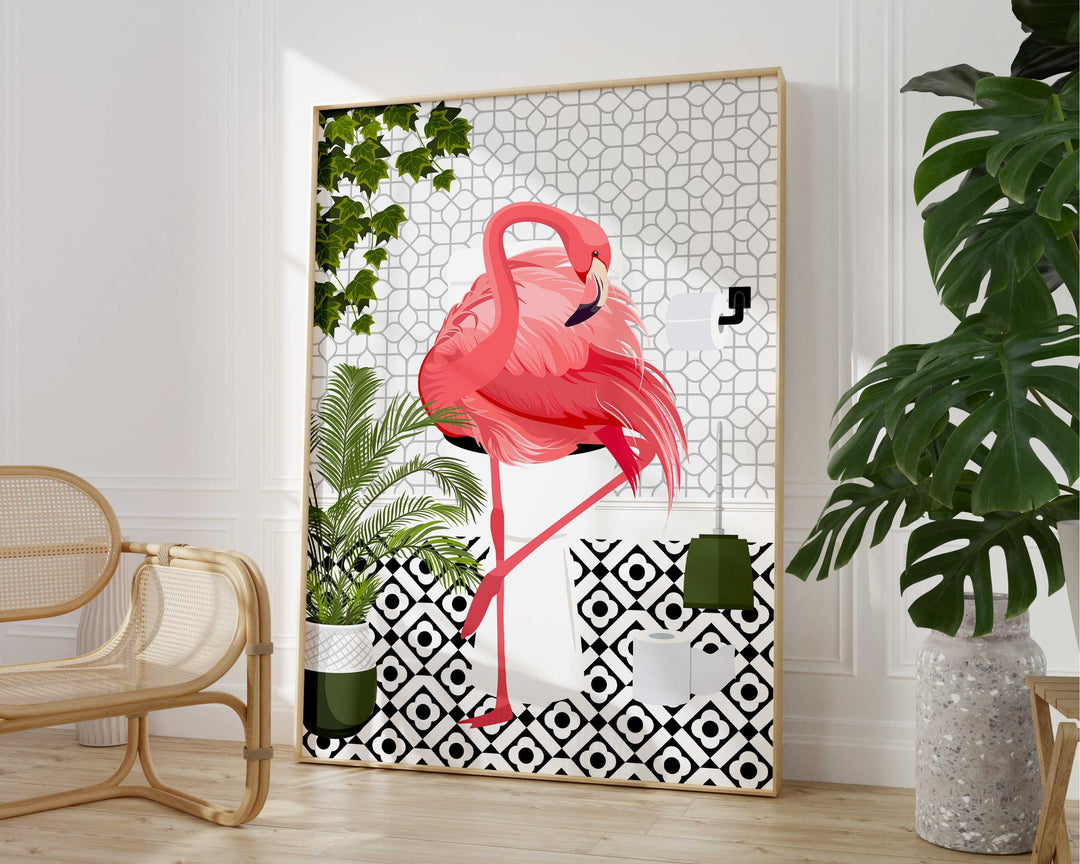 Flamingo Black And White Bathroom Wall Art, Funny Animal Bathroom Prints, Toilet Art, Bathroom Decor, Maximalist Wall Art, Bathroom Poster