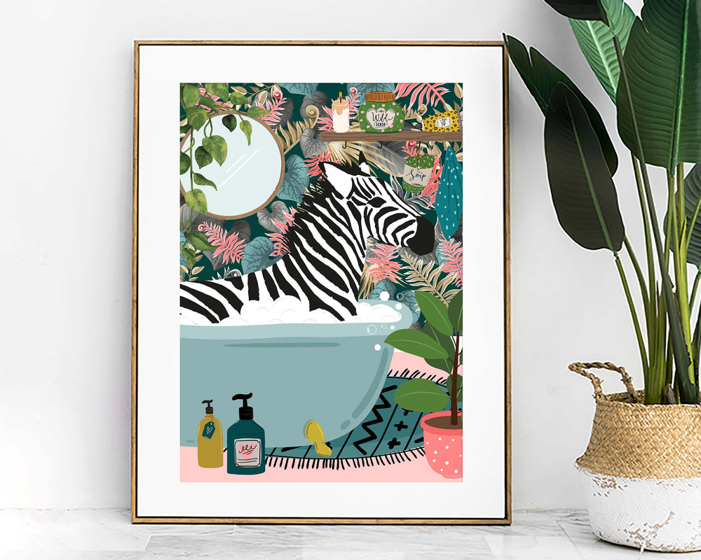 Zebra in bathtub bathroom animal print, maximalist animal in bath wall art, tropical safari bathroom prints, funny gifts, Toilet Art Decor