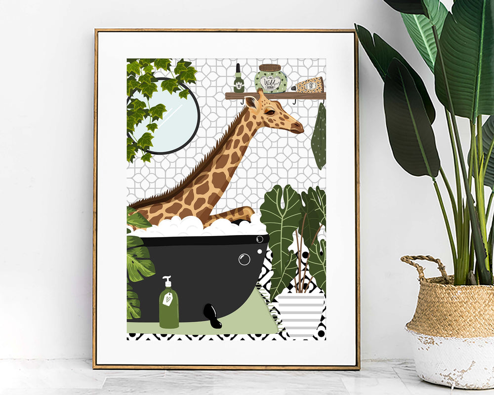 Giraffe in Bathtub Monochrome Fun Bathroom Print, Animal in Bath Botanical Bathroom Wall Art, Black And White Nursery Print, Playroom Decor