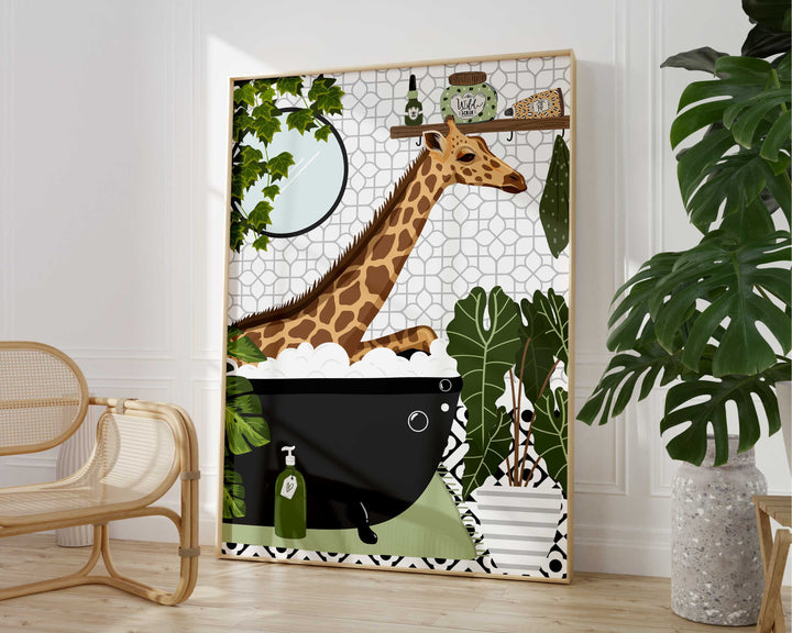Giraffe in Bathtub Monochrome Fun Bathroom Print, Animal in Bath Botanical Bathroom Wall Art, Black And White Nursery Print, Playroom Decor