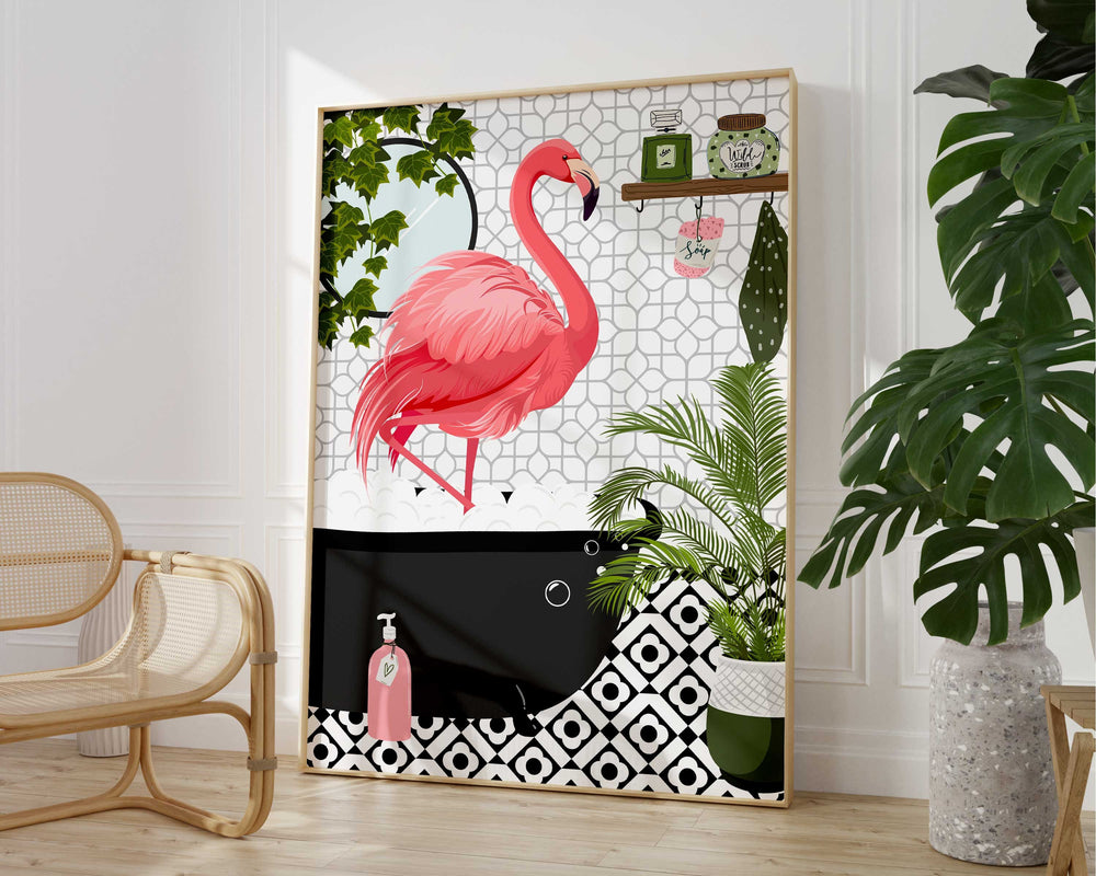 Flamingo in Bathtub Monochrome Bathroom Print, Animal in Bath Botanical Fun Bathroom Wall Art, Black And White Nursery Print, Playroom Decor