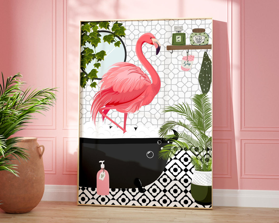 Flamingo in Bathtub Monochrome Bathroom Print, Animal in Bath Botanical Fun Bathroom Wall Art, Black And White Nursery Print, Playroom Decor