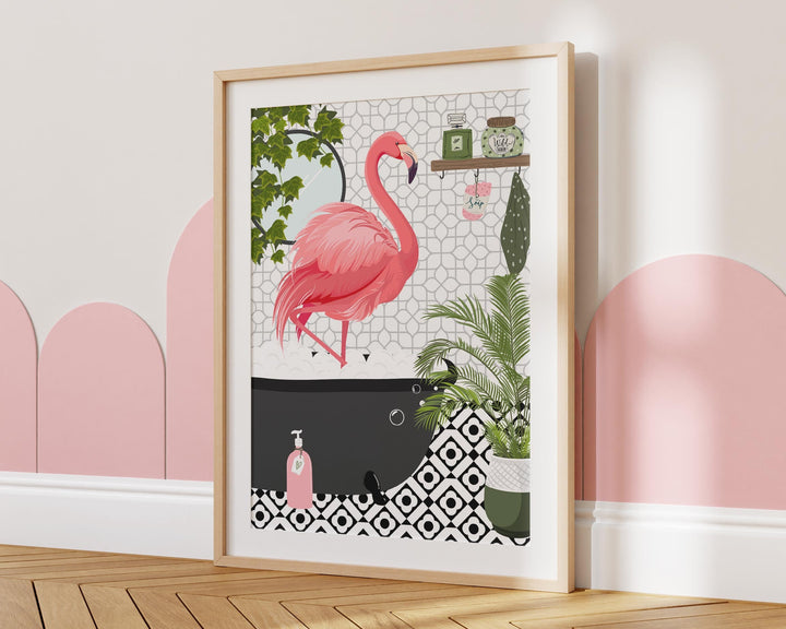 Flamingo in Bathtub Monochrome Bathroom Print, Animal in Bath Botanical Fun Bathroom Wall Art, Black And White Nursery Print, Playroom Decor