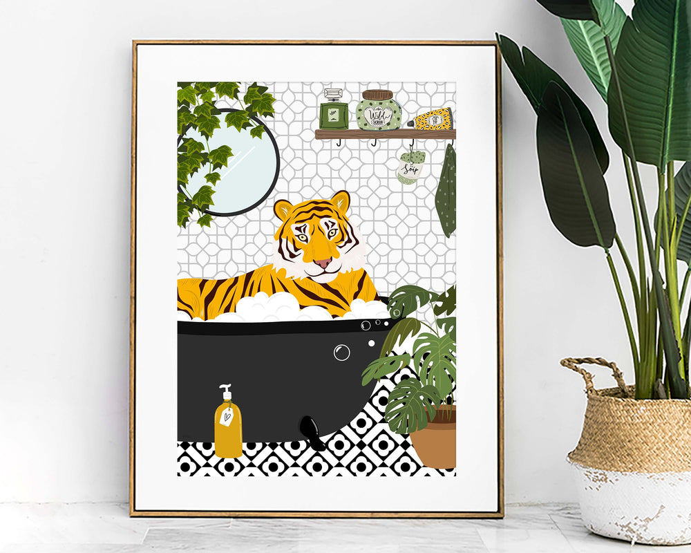 Tiger in Bathtub Monochrome Bathroom Print, Animal in Bath Botanical Trendy Bathroom Wall Art, Black And White Nursery Print, Playroom Decor