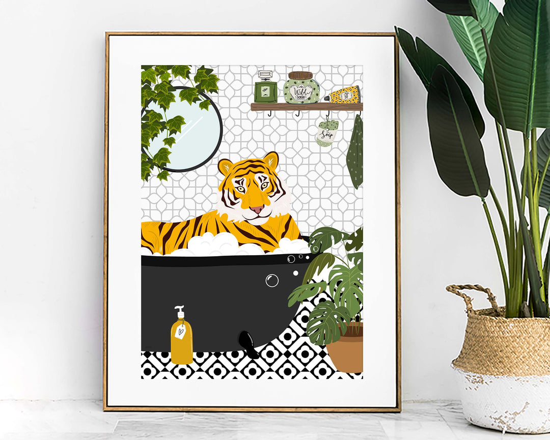 Tiger in Bathtub Monochrome Bathroom Print, Animal in Bath Botanical Trendy Bathroom Wall Art, Black And White Nursery Print, Playroom Decor