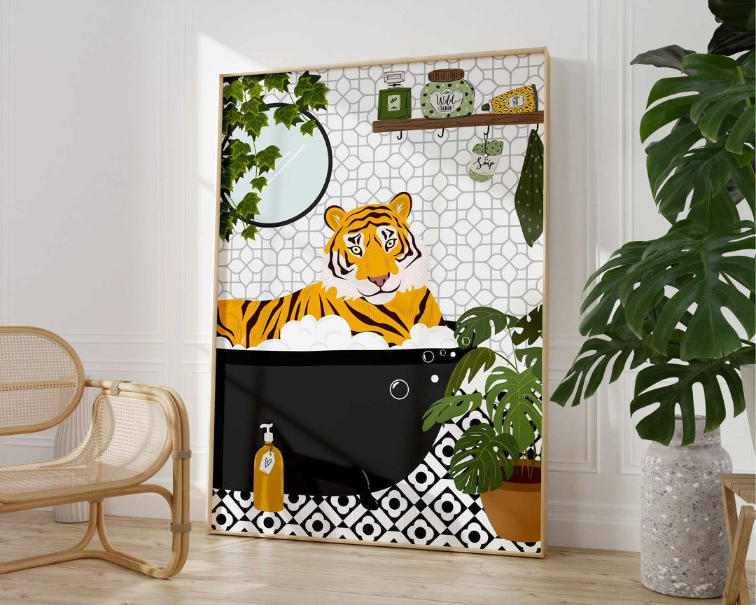 Tiger in Bathtub Monochrome Bathroom Print, Animal in Bath Botanical Trendy Bathroom Wall Art, Black And White Nursery Print, Playroom Decor