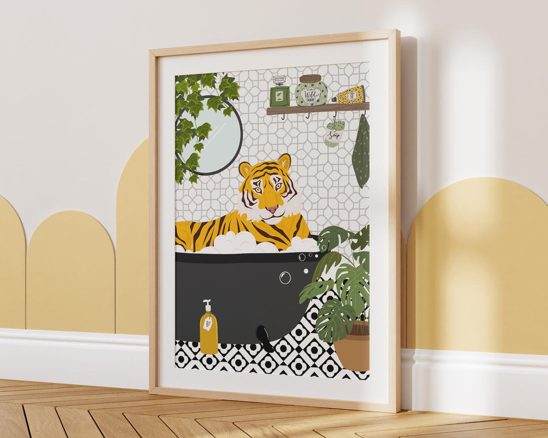 Tiger in Bathtub Monochrome Bathroom Print, Animal in Bath Botanical Trendy Bathroom Wall Art, Black And White Nursery Print, Playroom Decor