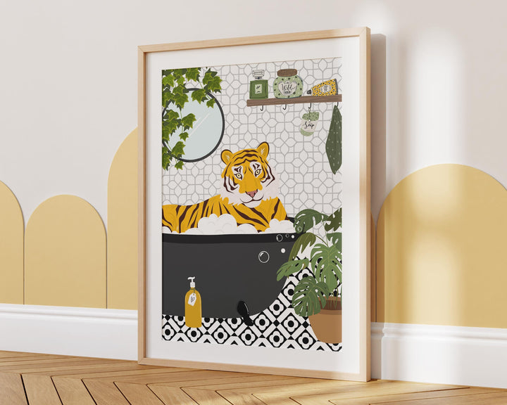 Tiger in Bathtub Monochrome Bathroom Print, Animal in Bath Botanical Trendy Bathroom Wall Art, Black And White Nursery Print, Playroom Decor