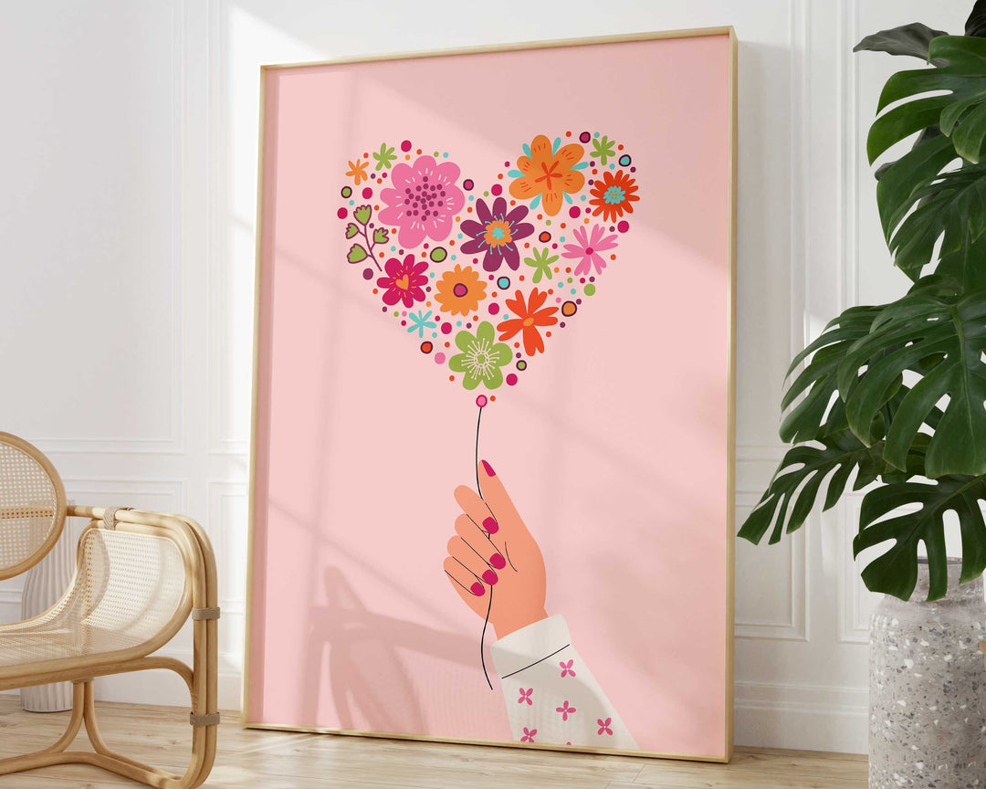 Pink Love Heart Flower Balloon Trendy Print, Hand Holding Flowers Colourful Retro Wall Art, Pink Girly Floral Bedroom Decor, Gift For Her
