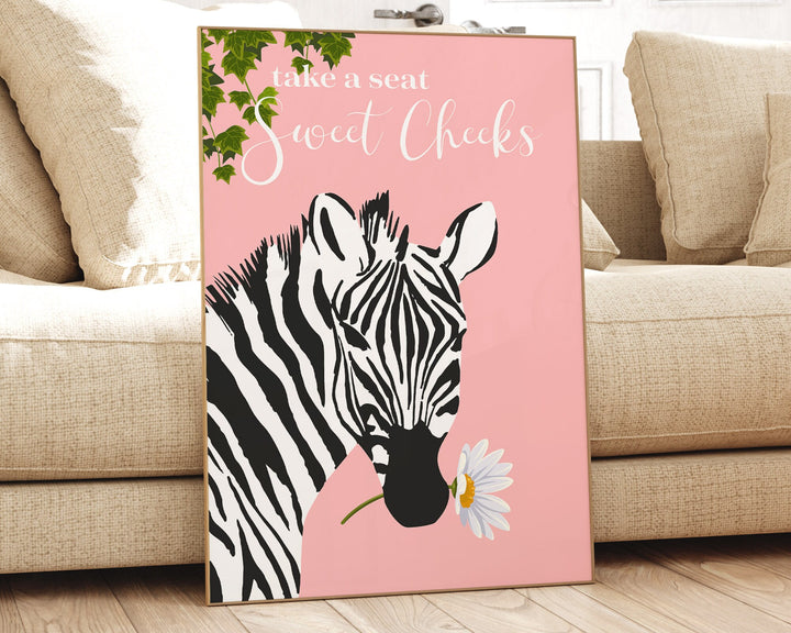 Take A Seat Sweet Cheeks Zebra Bathroom Print, Maximalist Colourful Botanical Bathroom Decor, Animal Toilet Eclectic Green Bathroom Wall Art