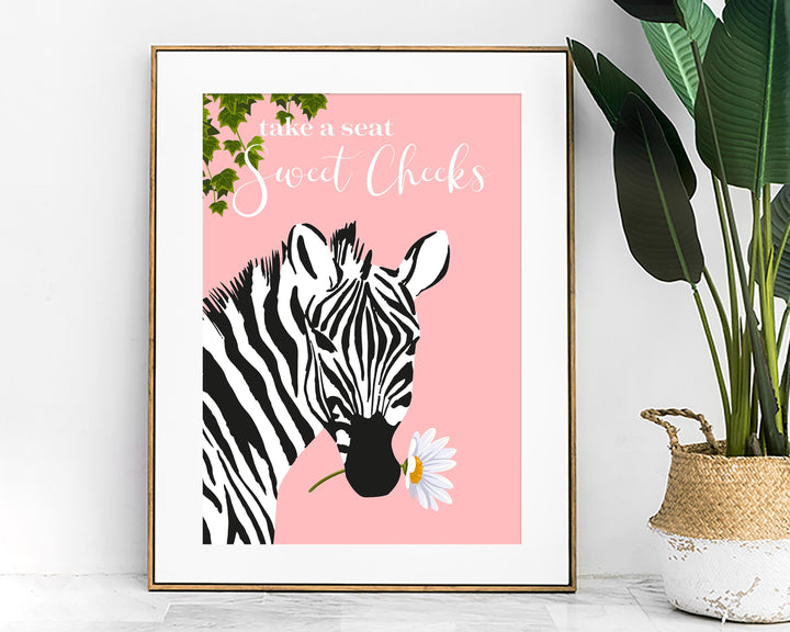 Take A Seat Sweet Cheeks Zebra Bathroom Print, Maximalist Colourful Botanical Bathroom Decor, Animal Toilet Eclectic Green Bathroom Wall Art