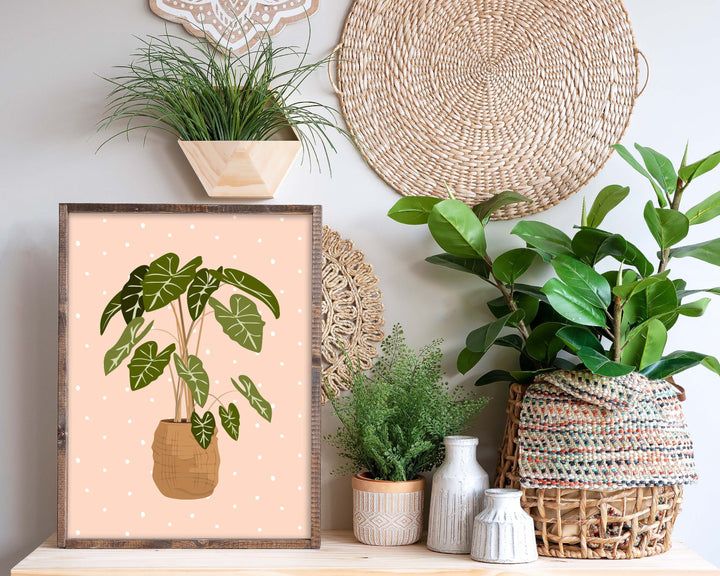 Alocasia Botanical Houseplant Print, Blush Polka Dot Modern Plant Wall Art, Trendy Boho Living Room Bedroom Home Decor, Housewarming Gift