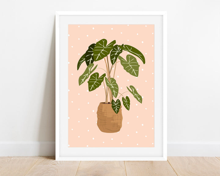Alocasia Botanical Houseplant Print, Blush Polka Dot Modern Plant Wall Art, Trendy Boho Living Room Bedroom Home Decor, Housewarming Gift