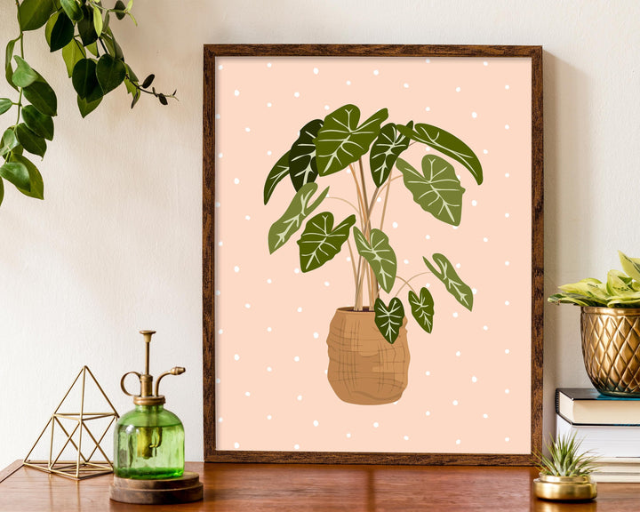 Alocasia Botanical Houseplant Print, Blush Polka Dot Modern Plant Wall Art, Trendy Boho Living Room Bedroom Home Decor, Housewarming Gift