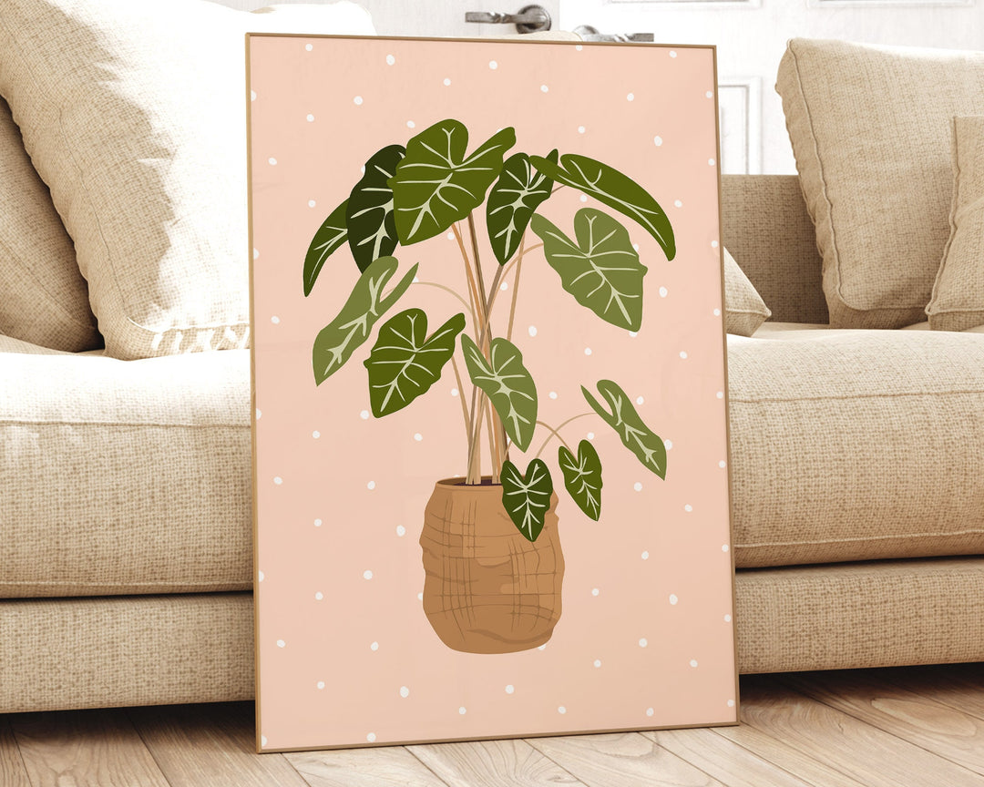 Alocasia Botanical Houseplant Print, Blush Polka Dot Modern Plant Wall Art, Trendy Boho Living Room Bedroom Home Decor, Housewarming Gift
