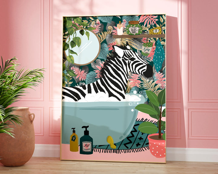 Zebra in bathtub bathroom animal print, maximalist animal in bath wall art, tropical safari bathroom prints, funny gifts, Toilet Art Decor