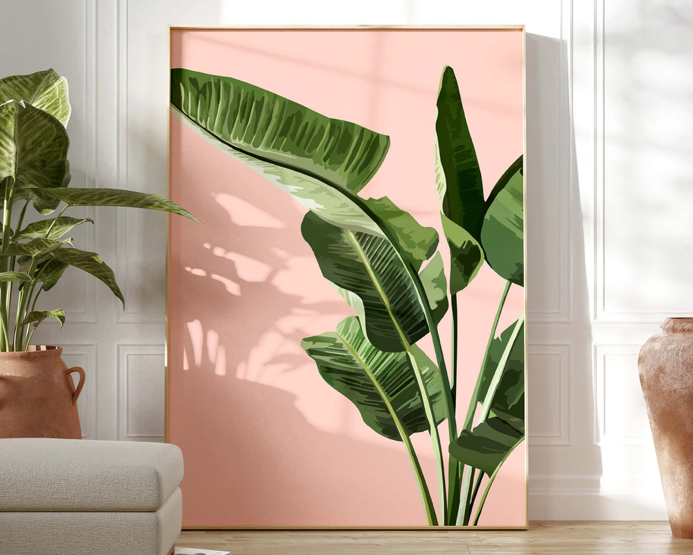 Tropical Pink Banana Leaf Print, Botanical Fruit Leaves Wall Art, Abstract Jungle Illustration, Rainforest Poster, Living Room Home Decor