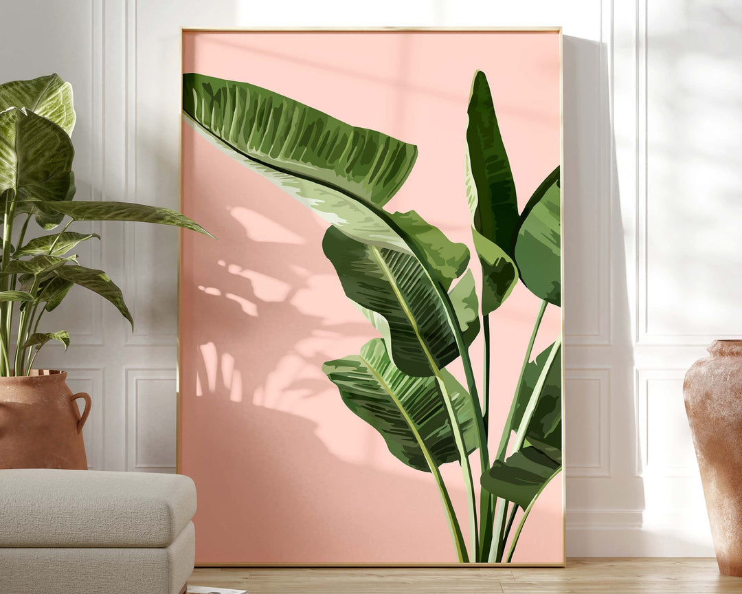 Tropical Pink Banana Leaf Print, Botanical Fruit Leaves Wall Art, Abstract Jungle Illustration, Rainforest Poster, Living Room Home Decor