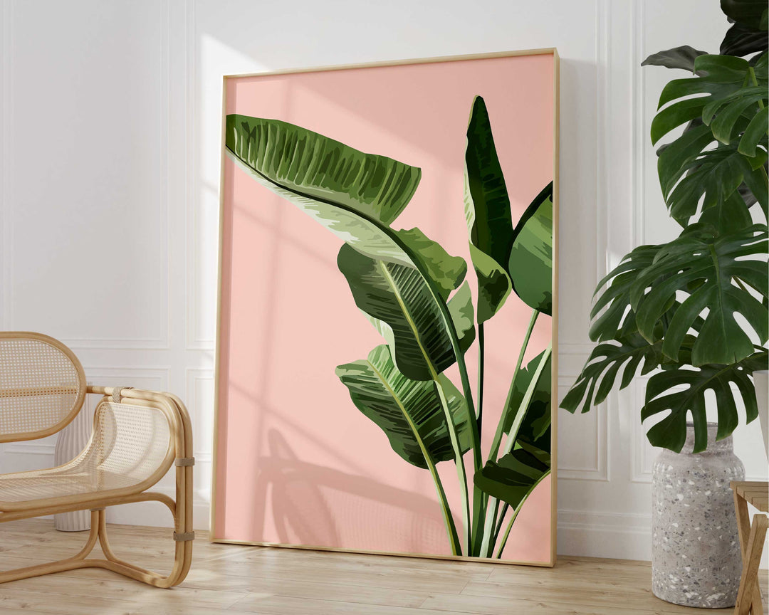 Tropical Pink Banana Leaf Print, Botanical Fruit Leaves Wall Art, Abstract Jungle Illustration, Rainforest Poster, Living Room Home Decor