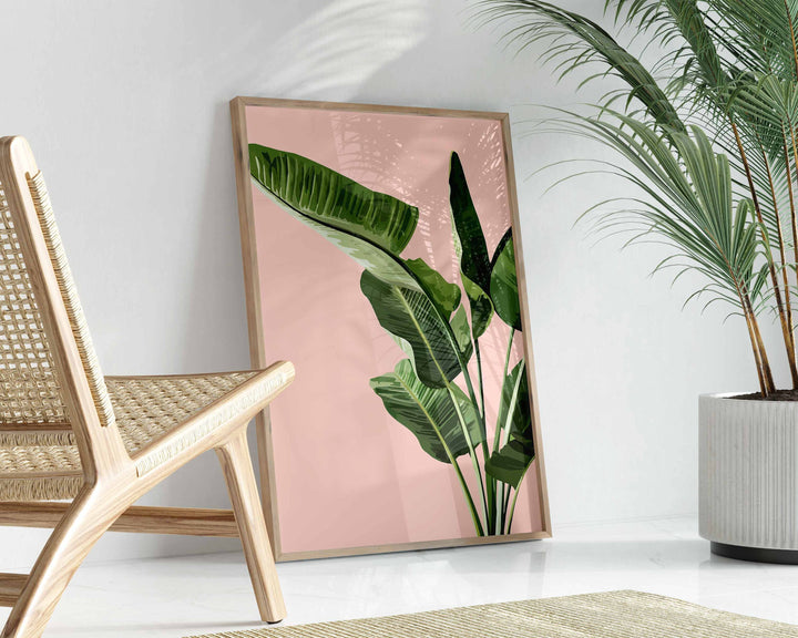 Tropical Pink Banana Leaf Print, Botanical Fruit Leaves Wall Art, Abstract Jungle Illustration, Rainforest Poster, Living Room Home Decor