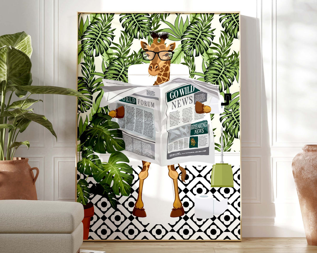 Giraffe on Toilet Botanical Bathroom Prints, Animal on Toilet Funny Bathroom Art, Tropical Boho Safari Jungle Art Decor, Cloakroom Wall Art