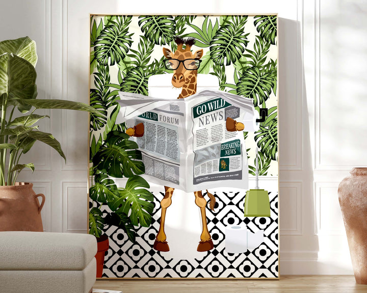 Giraffe on Toilet Botanical Bathroom Prints, Animal on Toilet Funny Bathroom Art, Tropical Boho Safari Jungle Art Decor, Cloakroom Wall Art