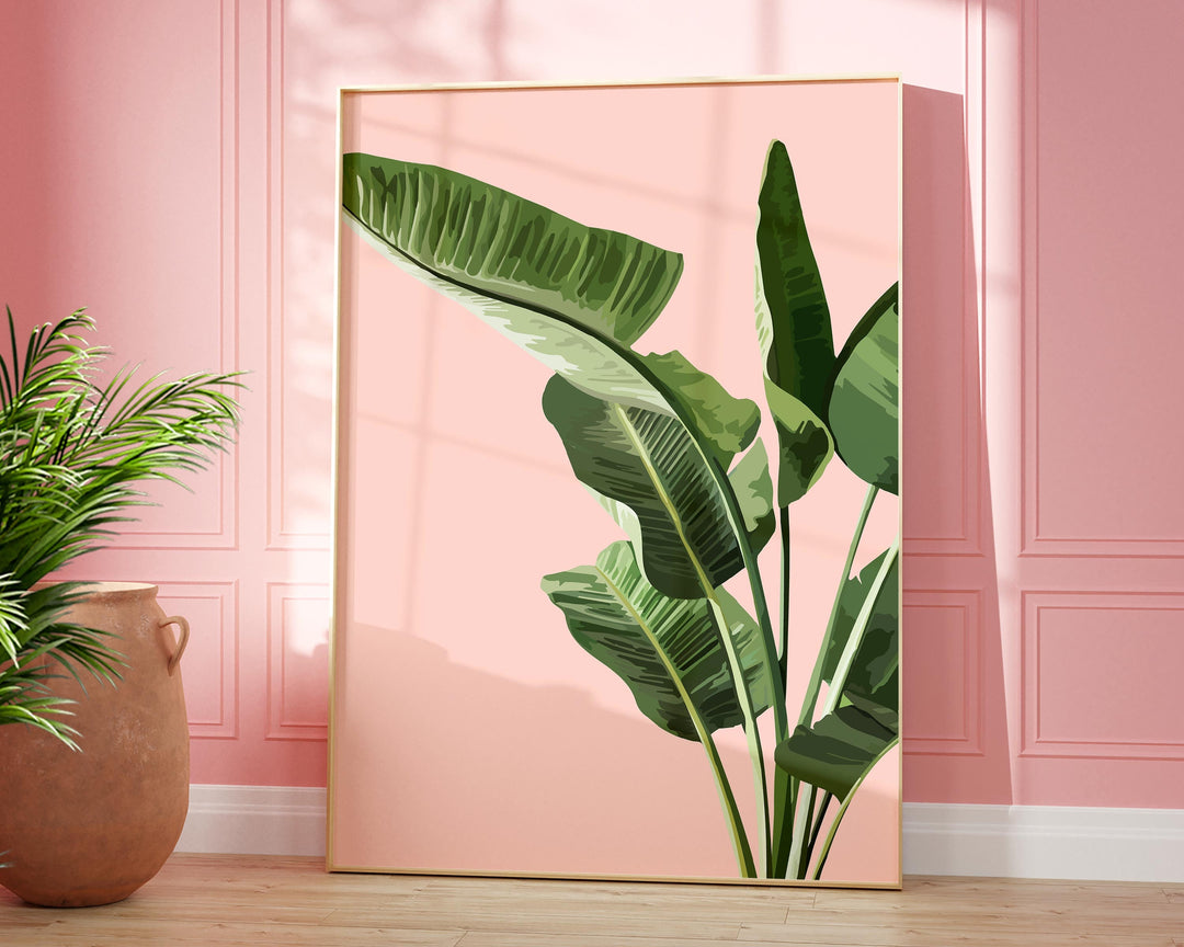 Tropical Pink Banana Leaf Print, Botanical Fruit Leaves Wall Art, Abstract Jungle Illustration, Rainforest Poster, Living Room Home Decor