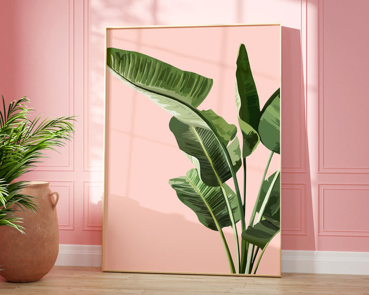 Tropical Pink Banana Leaf Print, Botanical Fruit Leaves Wall Art, Abstract Jungle Illustration, Rainforest Poster, Living Room Home Decor