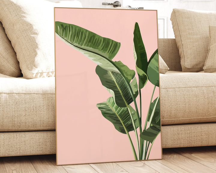Tropical Pink Banana Leaf Print, Botanical Fruit Leaves Wall Art, Abstract Jungle Illustration, Rainforest Poster, Living Room Home Decor