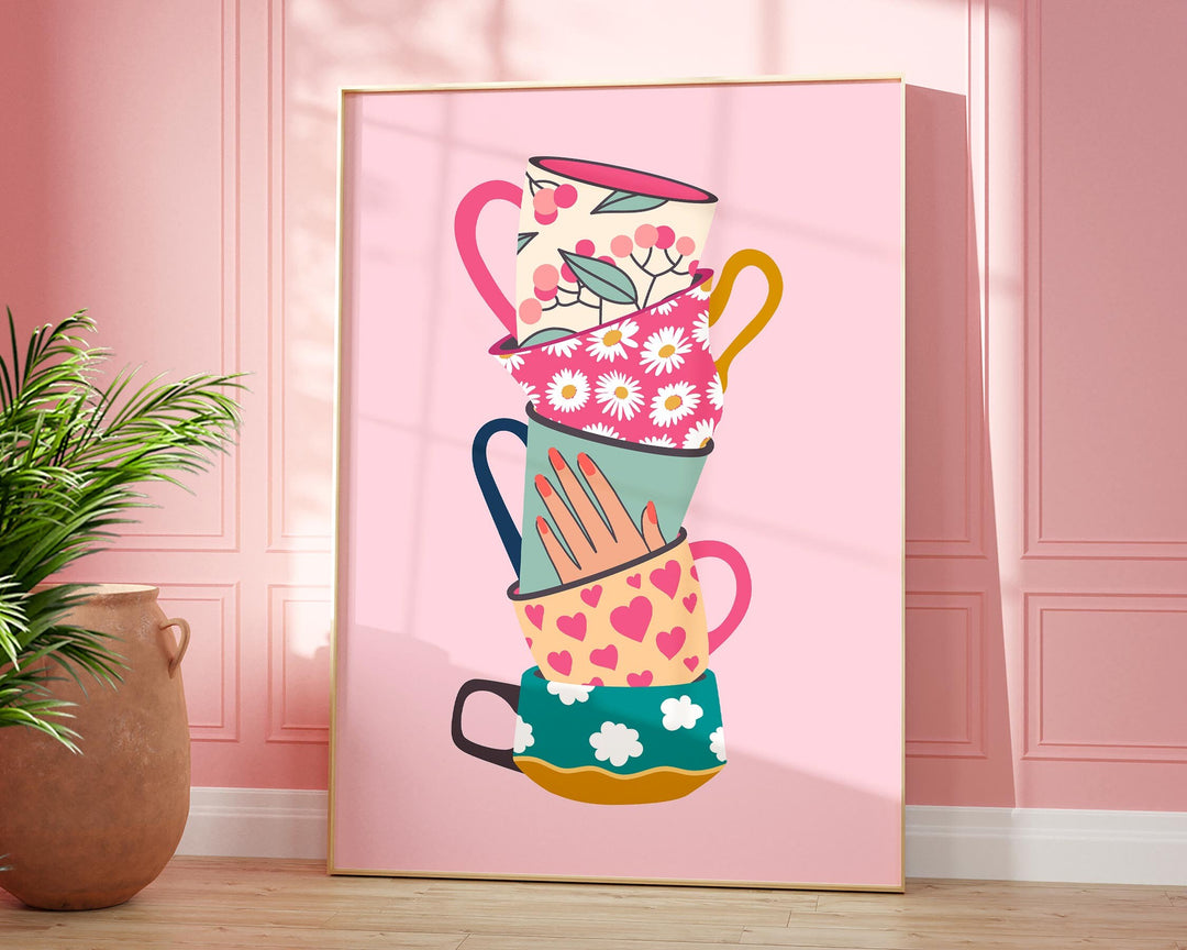 Stacked Tea Cups Print, Retro Mug Floral Art, Colourful Eclectic Vintage Kitchen Wall Art, Boho Kitchen Dining Room Print, Fun Kitchen Decor