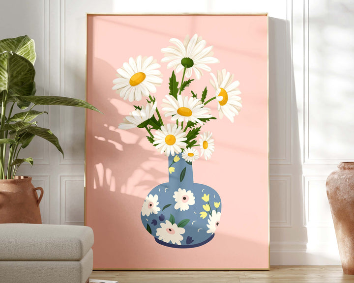 Pink Daisy Print Flower Wall Art, Abstract Daisies Botanical Print, Wild Flowers in Vase Print, Colourful Bunch of Flowers Modern Art Poster