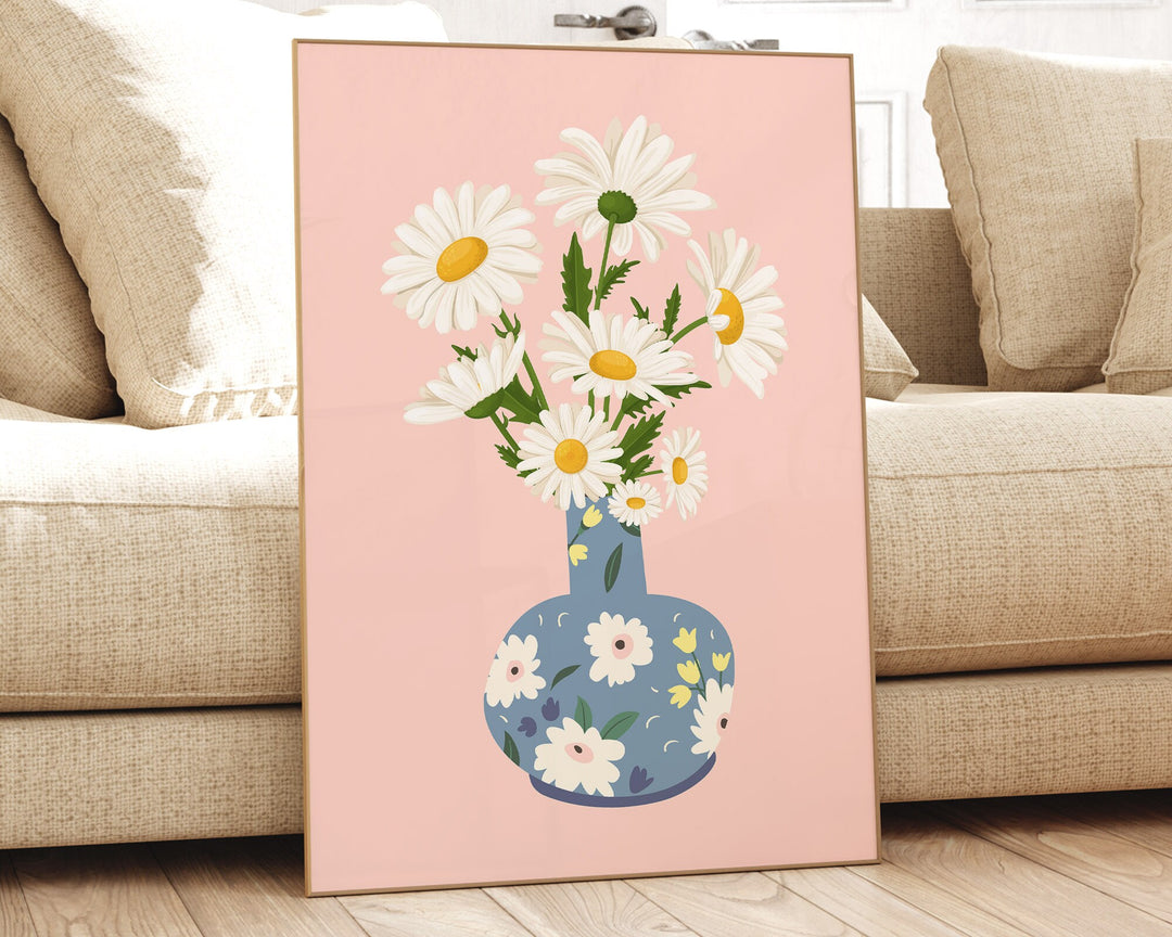 Pink Daisy Print Flower Wall Art, Abstract Daisies Botanical Print, Wild Flowers in Vase Print, Colourful Bunch of Flowers Modern Art Poster