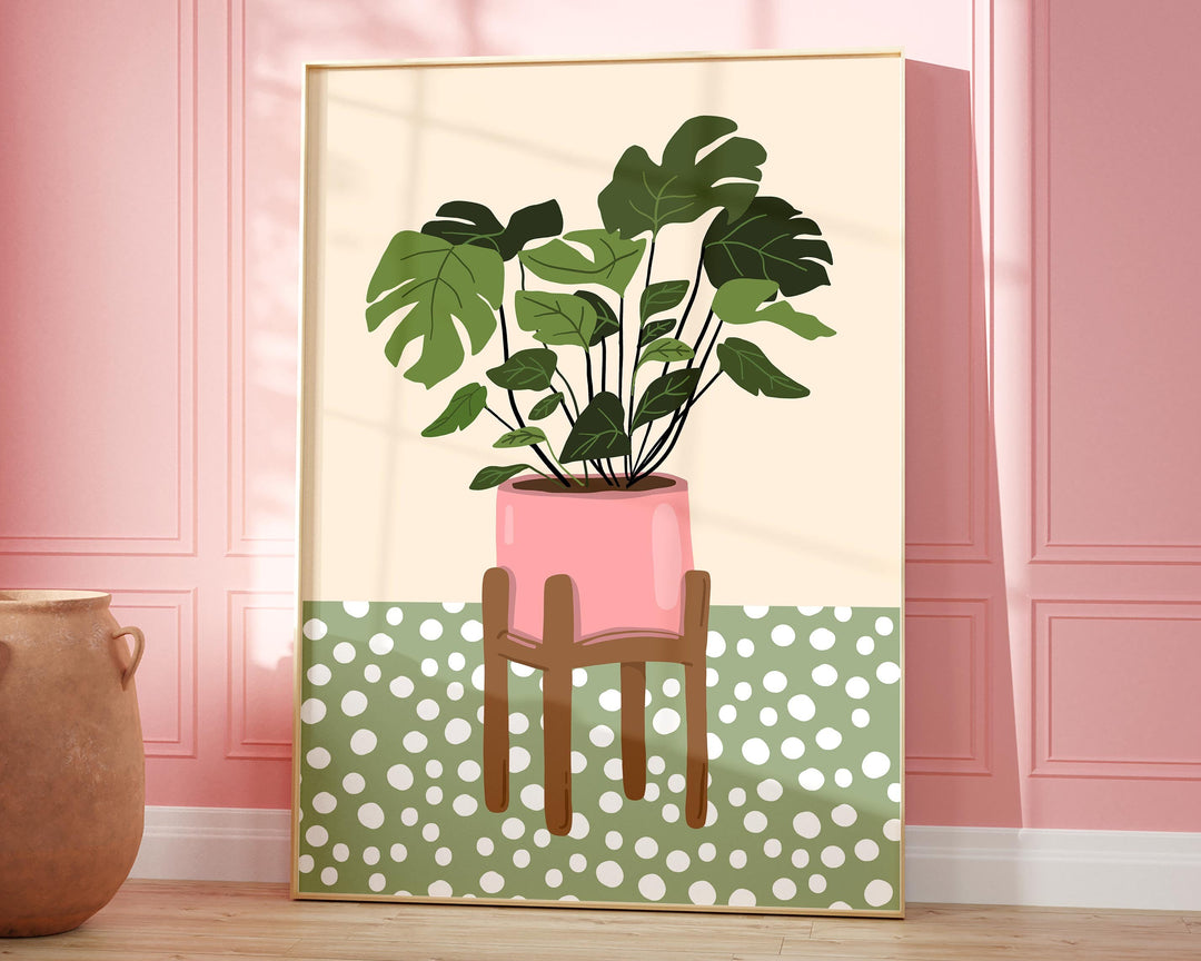 Monstera Leaf Houseplants Print, Cute Plants Botanical Wall Art, Boho Polka Dot Houseplant Wall Decor, Quirky Indoor Plant, Plant Lover Gift
