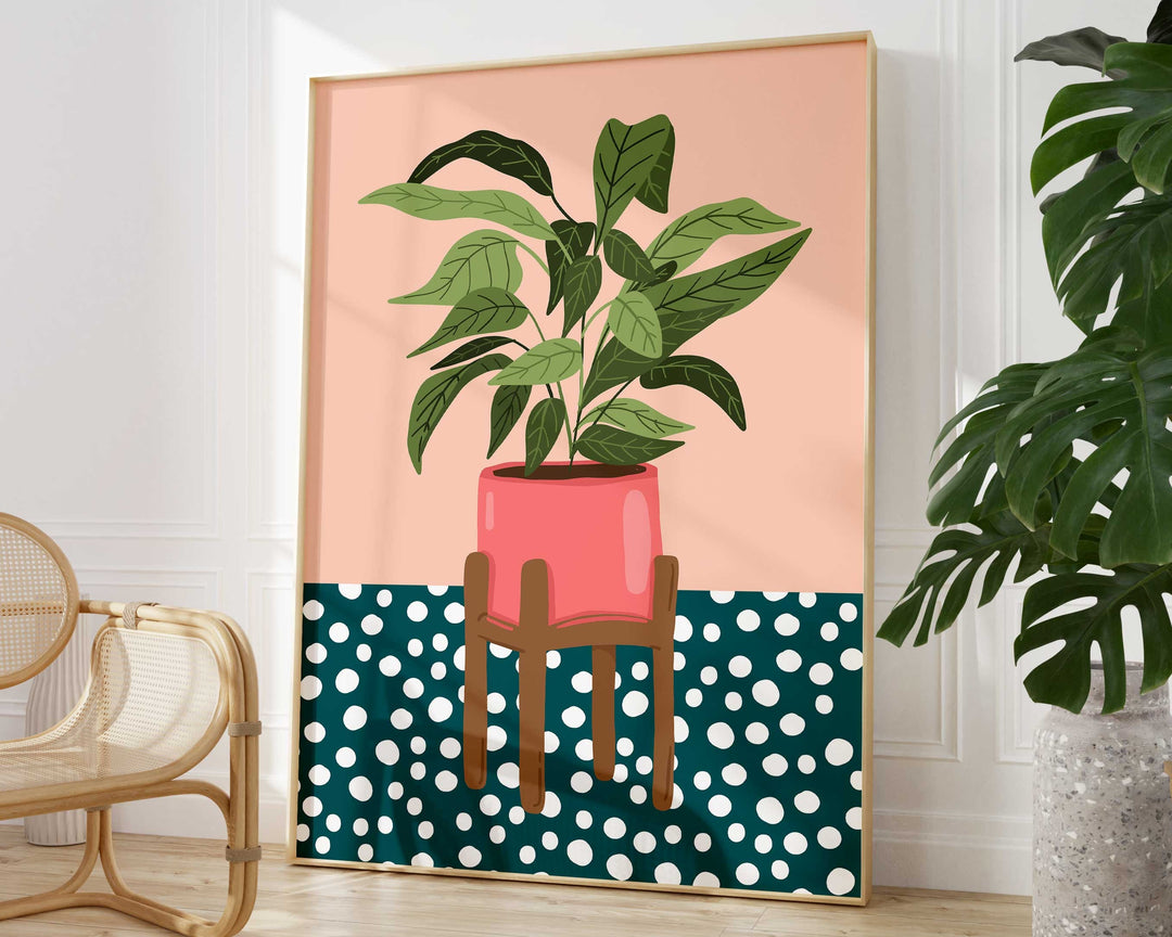 Monstera Leaf Plant Print, Dalmation Polkadot Pink Plant Print, Boho Houseplant Wall Art, Plant Lover Gift, Potted Plant Art Print Poster
