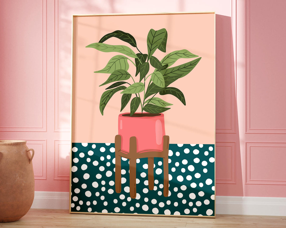 Monstera Leaf Plant Print, Dalmation Polkadot Pink Plant Print, Boho Houseplant Wall Art, Plant Lover Gift, Potted Plant Art Print Poster