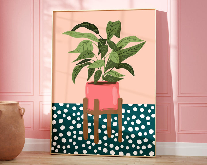 Monstera Leaf Plant Print, Dalmation Polkadot Pink Plant Print, Boho Houseplant Wall Art, Plant Lover Gift, Potted Plant Art Print Poster