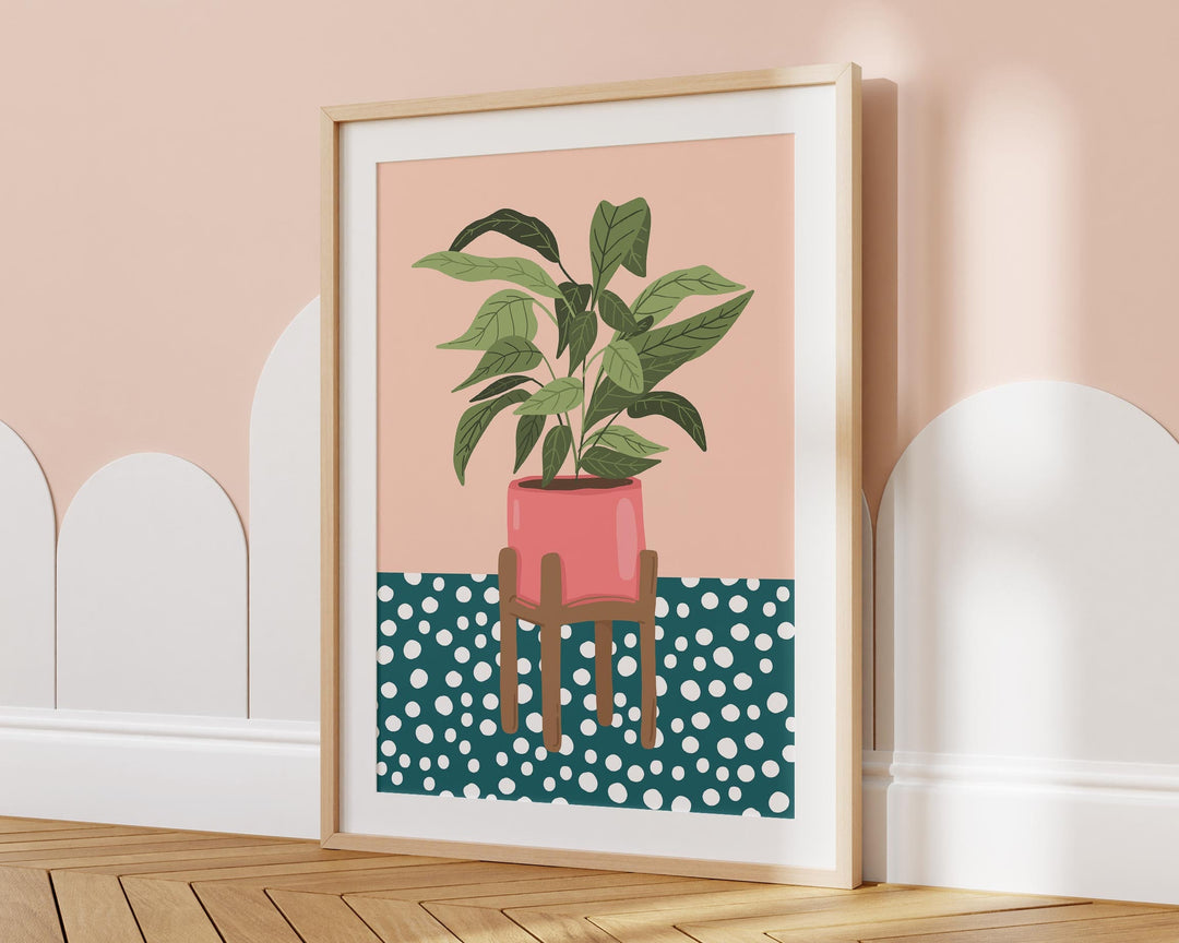 Monstera Leaf Plant Print, Dalmation Polkadot Pink Plant Print, Boho Houseplant Wall Art, Plant Lover Gift, Potted Plant Art Print Poster